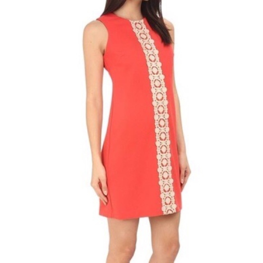 Jessica Simpson Women 4 Coral Gold Crochet Detail Sleeveless Ottoman Shift Dress
